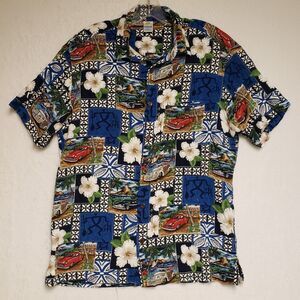 Squish Button Up Shirt Men's M Short Sleeve Tropical Hawaiian Down Car Shows